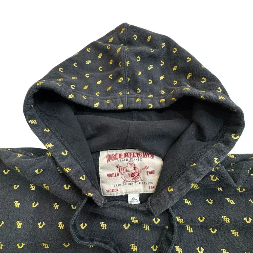 True Religion Monogram Pullover Hoodie Black Gold All Over Horseshoe Logo Mens L